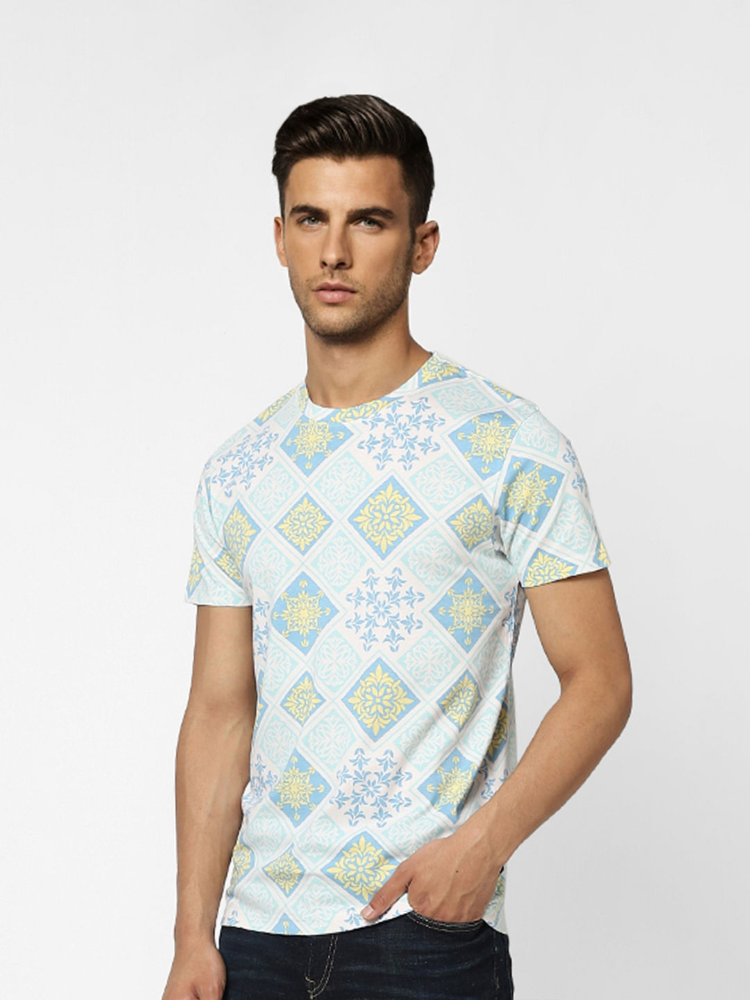 White Abstract Print Crew Neck T-shirt