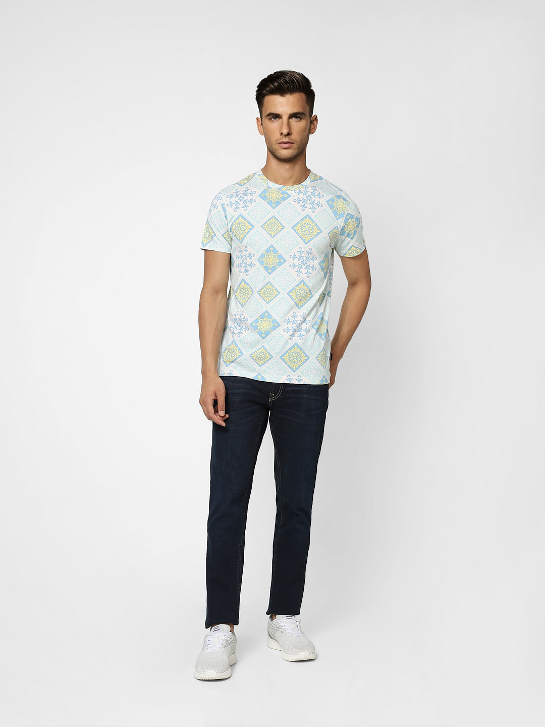 White Abstract Print Crew Neck T-shirt