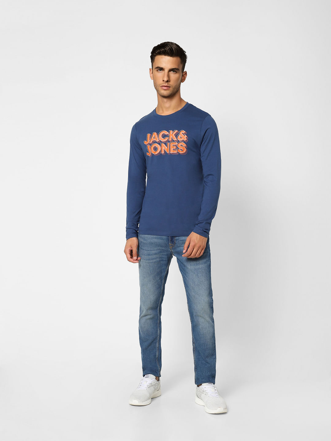 Dark Blue Logo Print Crew Neck T-shirt