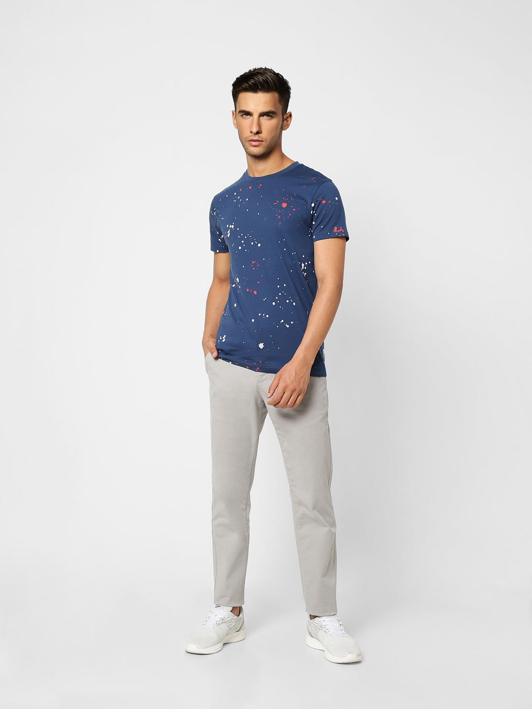 Blue Printed Crew Neck T-shirt
