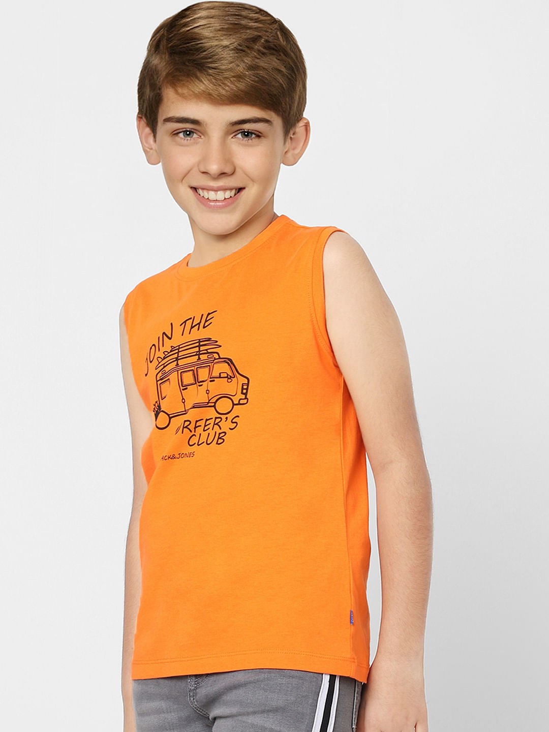 Boys Orange Graphic Print Crew Neck T-shirt