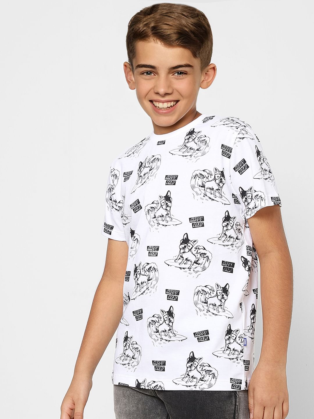 Boys White Printed Crew Neck T-shirt
