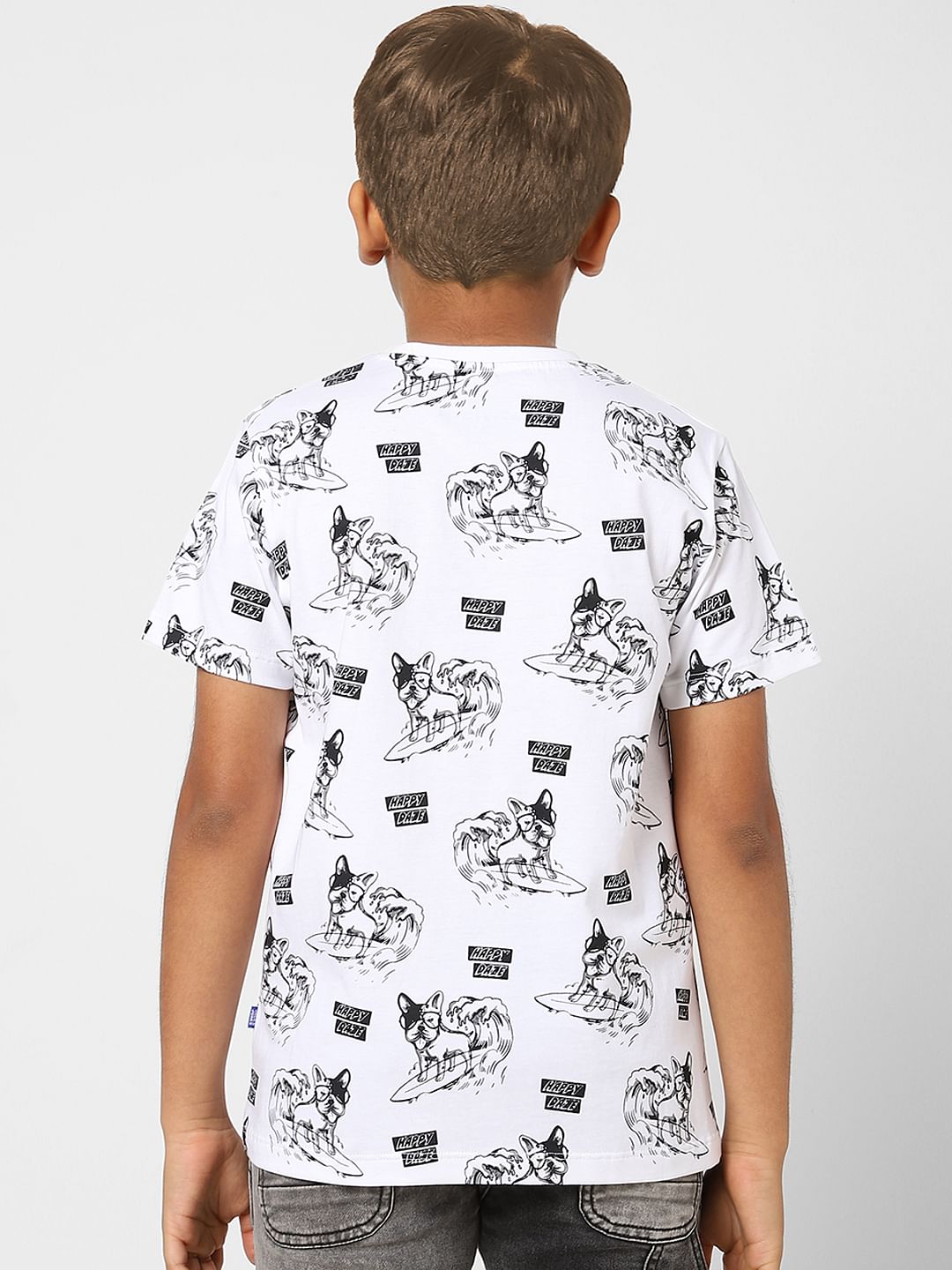 Boys White Printed Crew Neck T-shirt