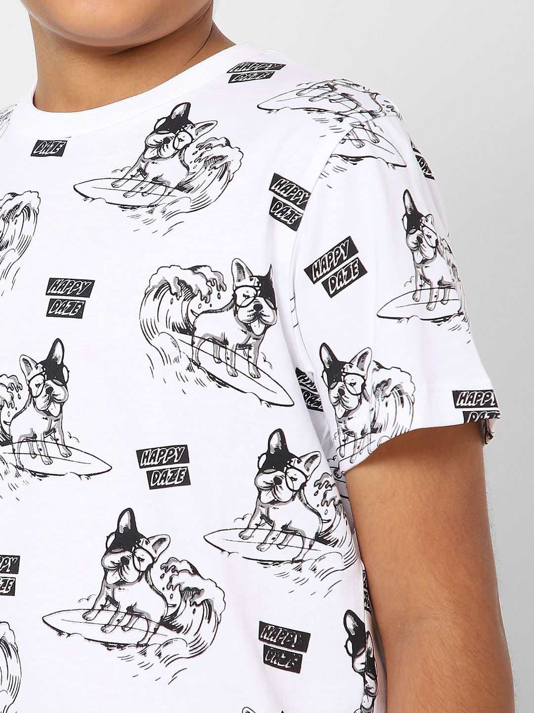 Boys White Printed Crew Neck T-shirt