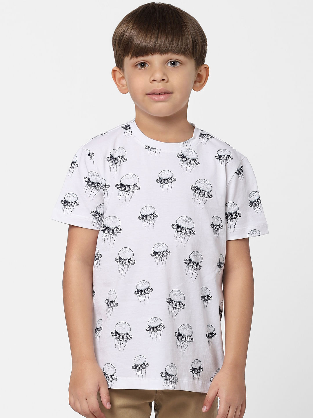 Boys White Jellyfish Print Crew Neck T-shirt