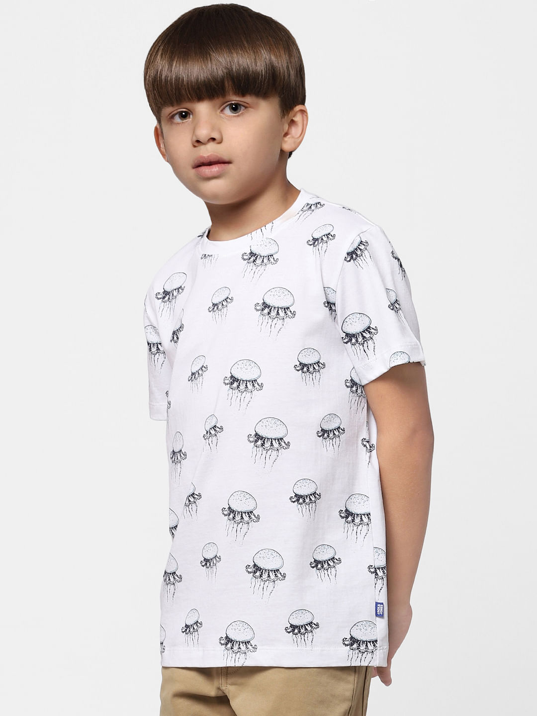Boys White Jellyfish Print Crew Neck T-shirt