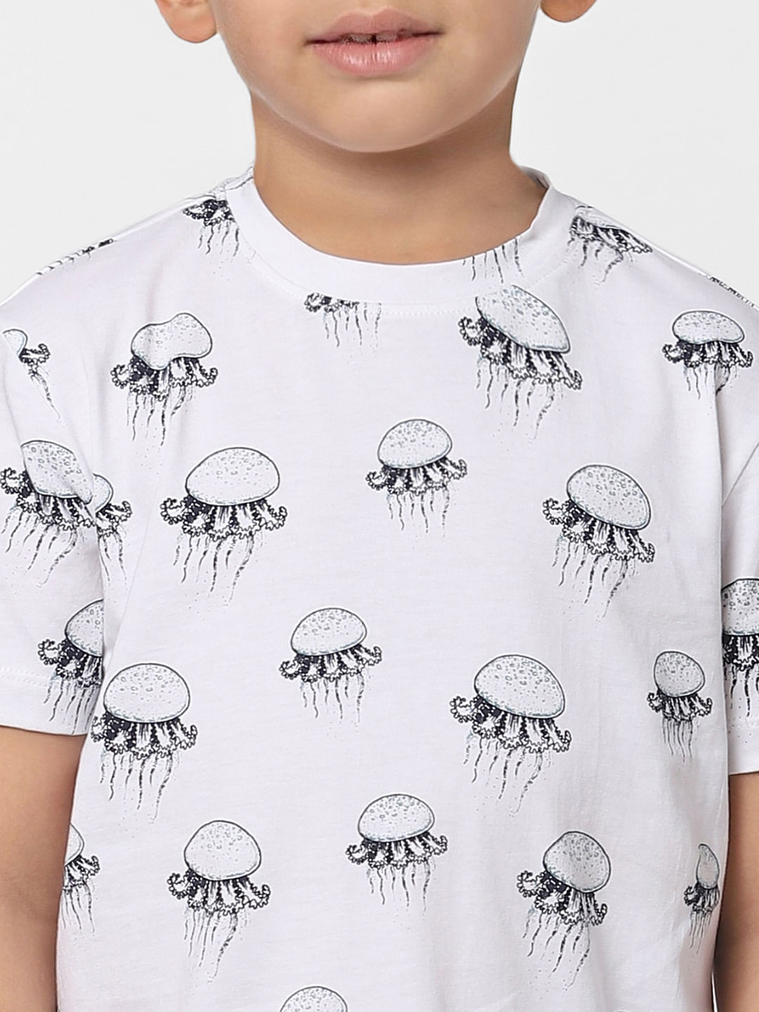 Boys White Jellyfish Print Crew Neck T-shirt