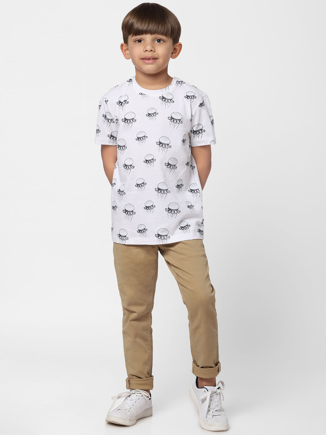 Boys White Jellyfish Print Crew Neck T-shirt