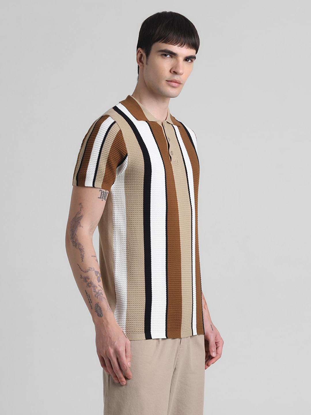 Brown Striped Knitted Polo
