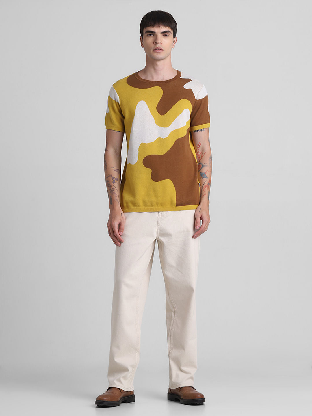 Yellow Abstract Print Jacquard T-shirt