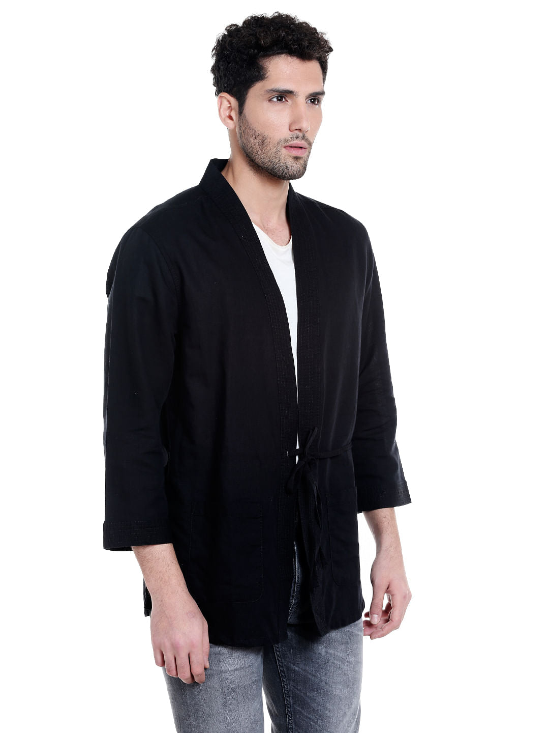 Black Front Tie Full Sleeves Overshirt