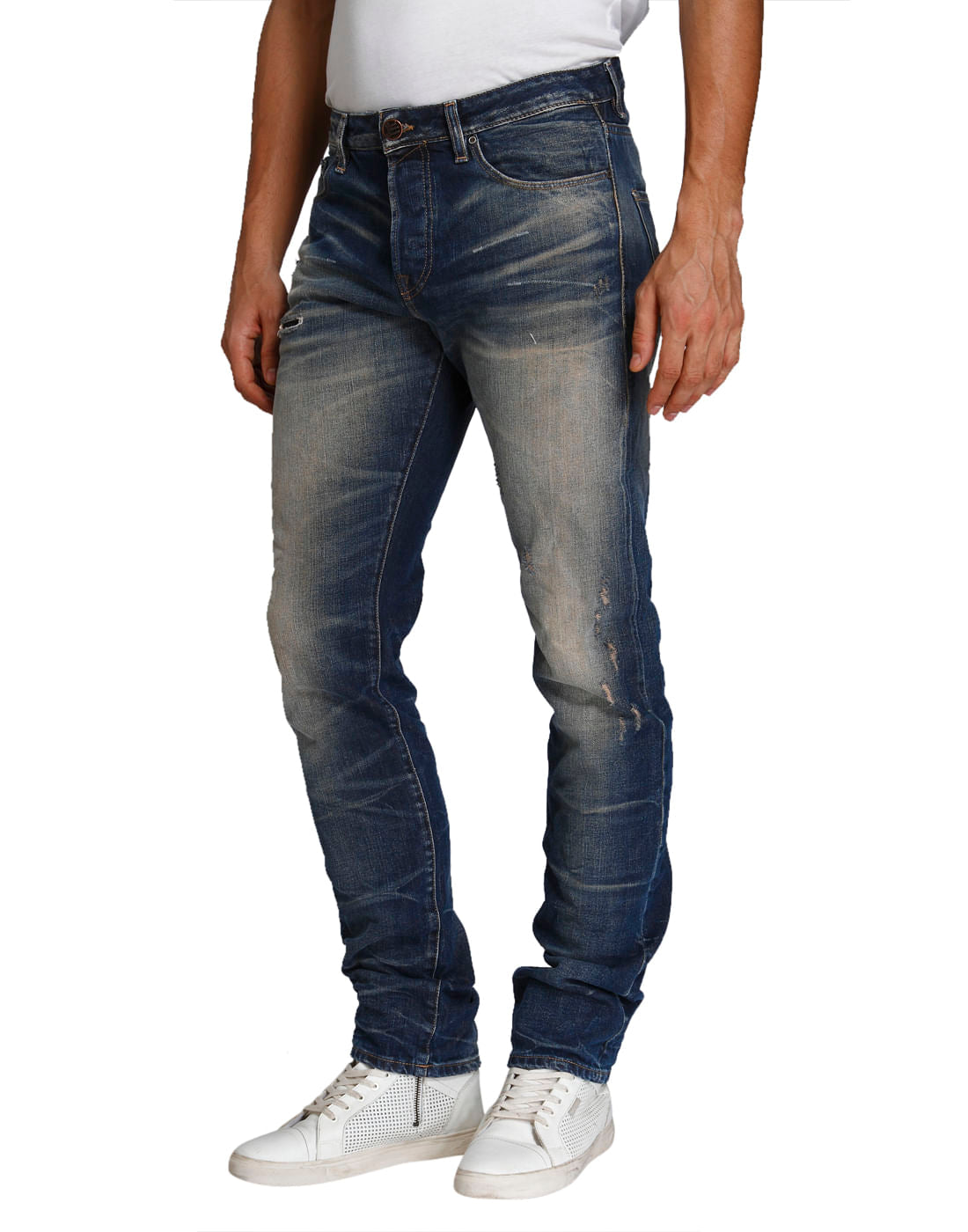 Blue Mid Rise Distressed Slim Fit Jeans
