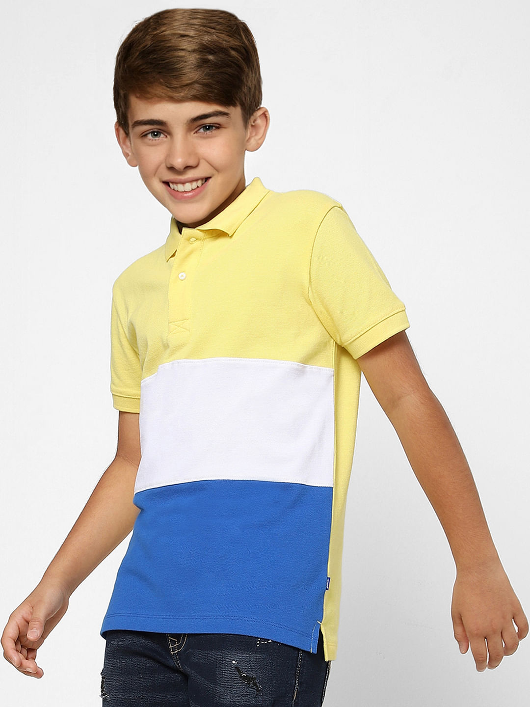 Boys Yellow Colourblocked Polo Neck T-shirt