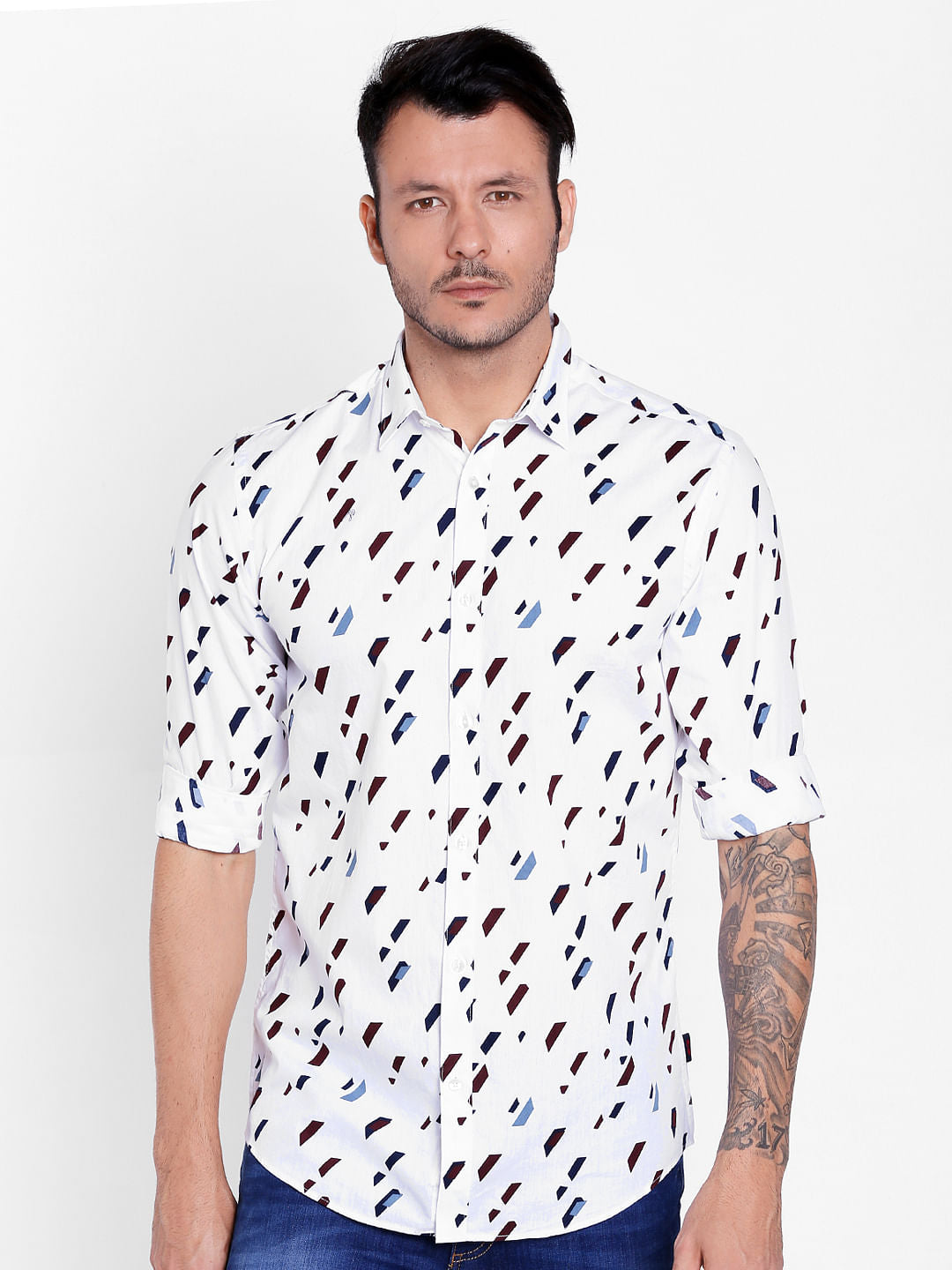White Geometric Print Full Sleeves Shirt