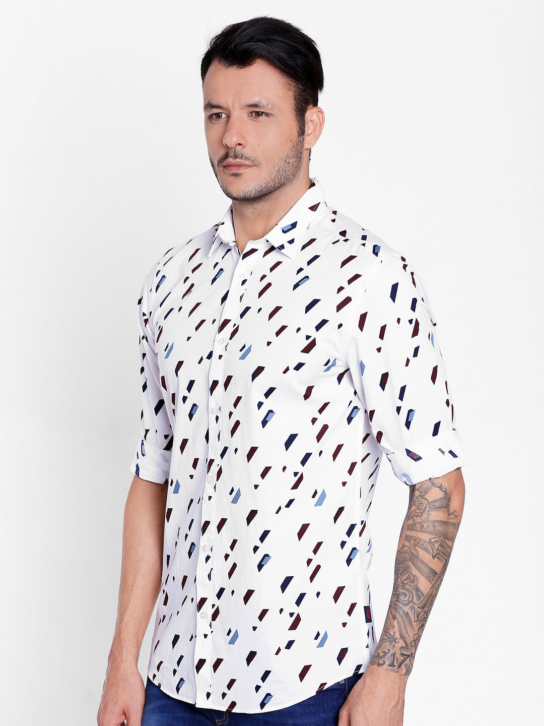 White Geometric Print Full Sleeves Shirt