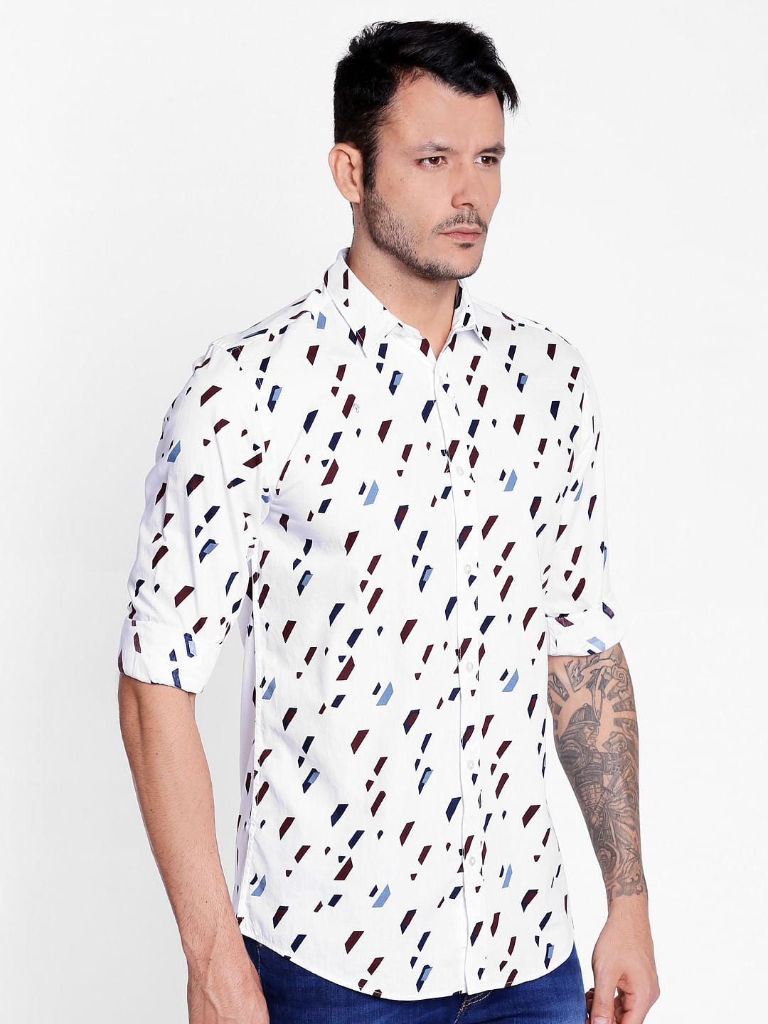 White Geometric Print Full Sleeves Shirt