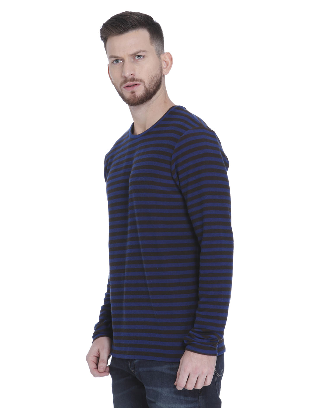 Blue Striped Full Sleeves Crew Neck T-shirt