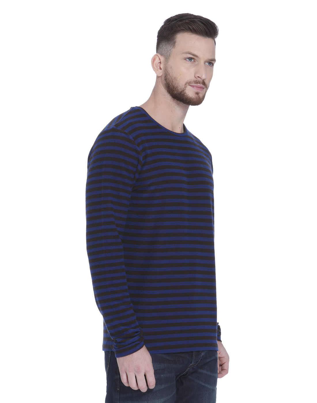 Blue Striped Full Sleeves Crew Neck T-shirt