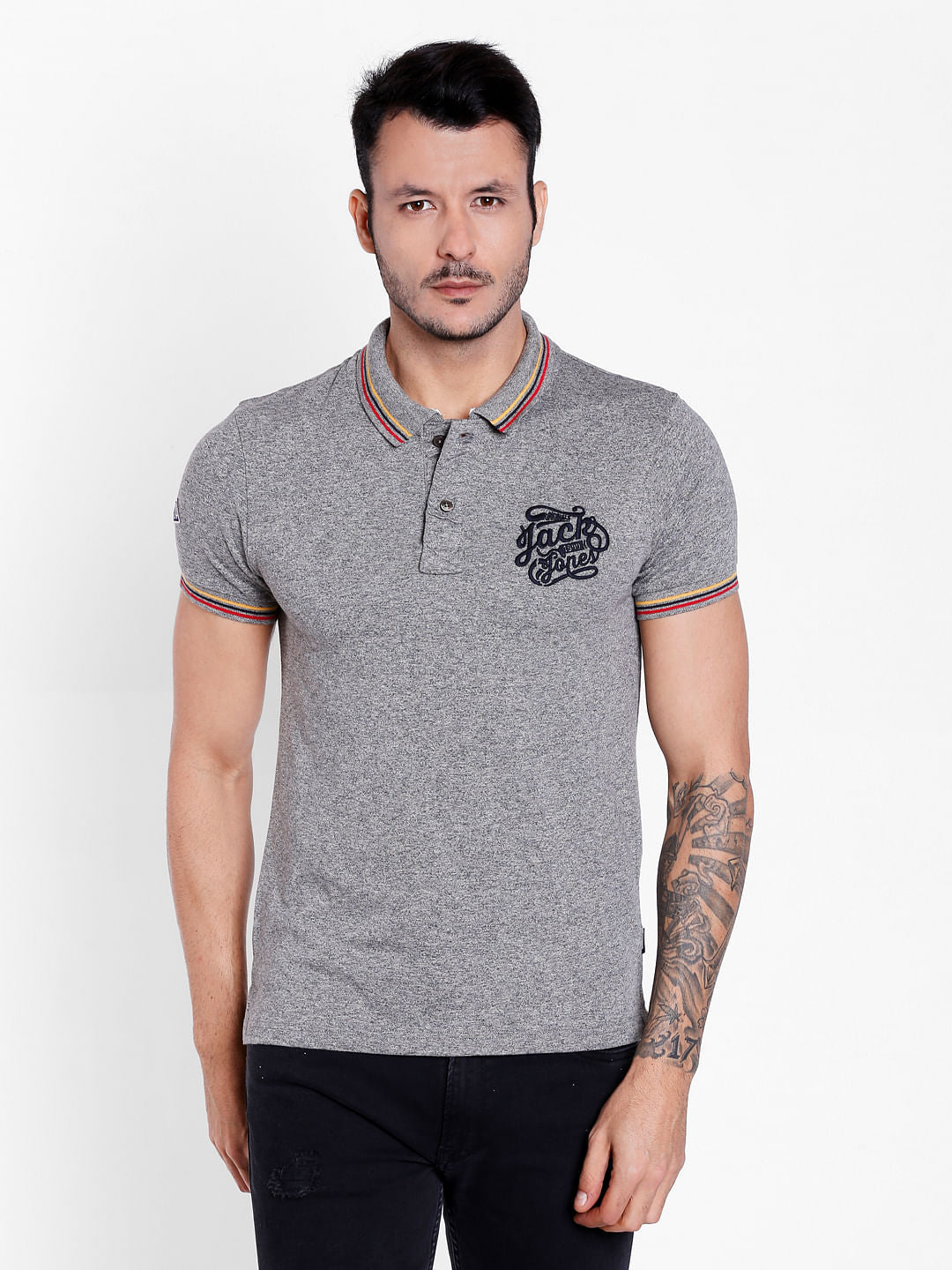 Grey Logo Print Polo Neck T-shirt