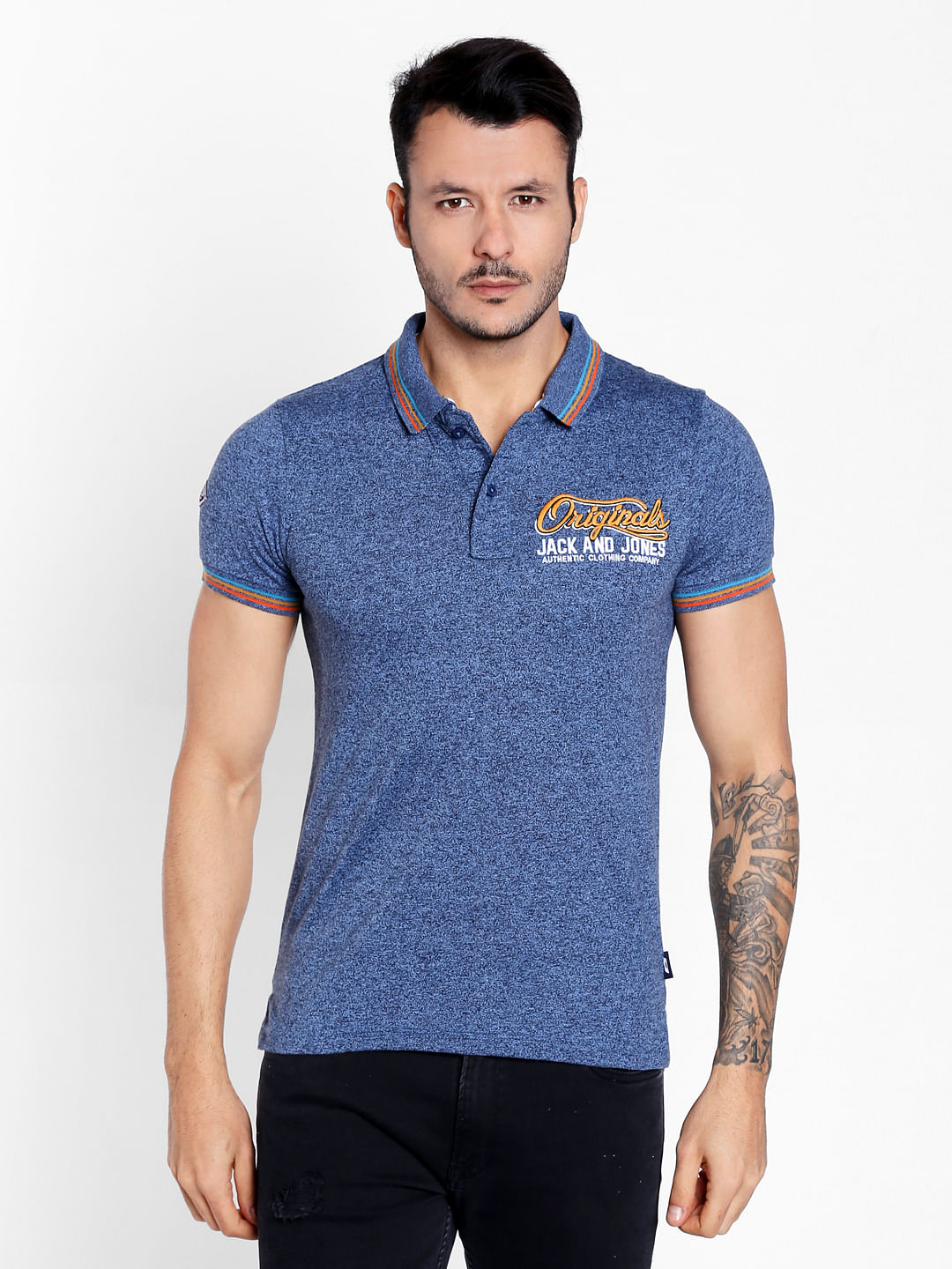 Blue Logo Print Polo Neck T-shirt
