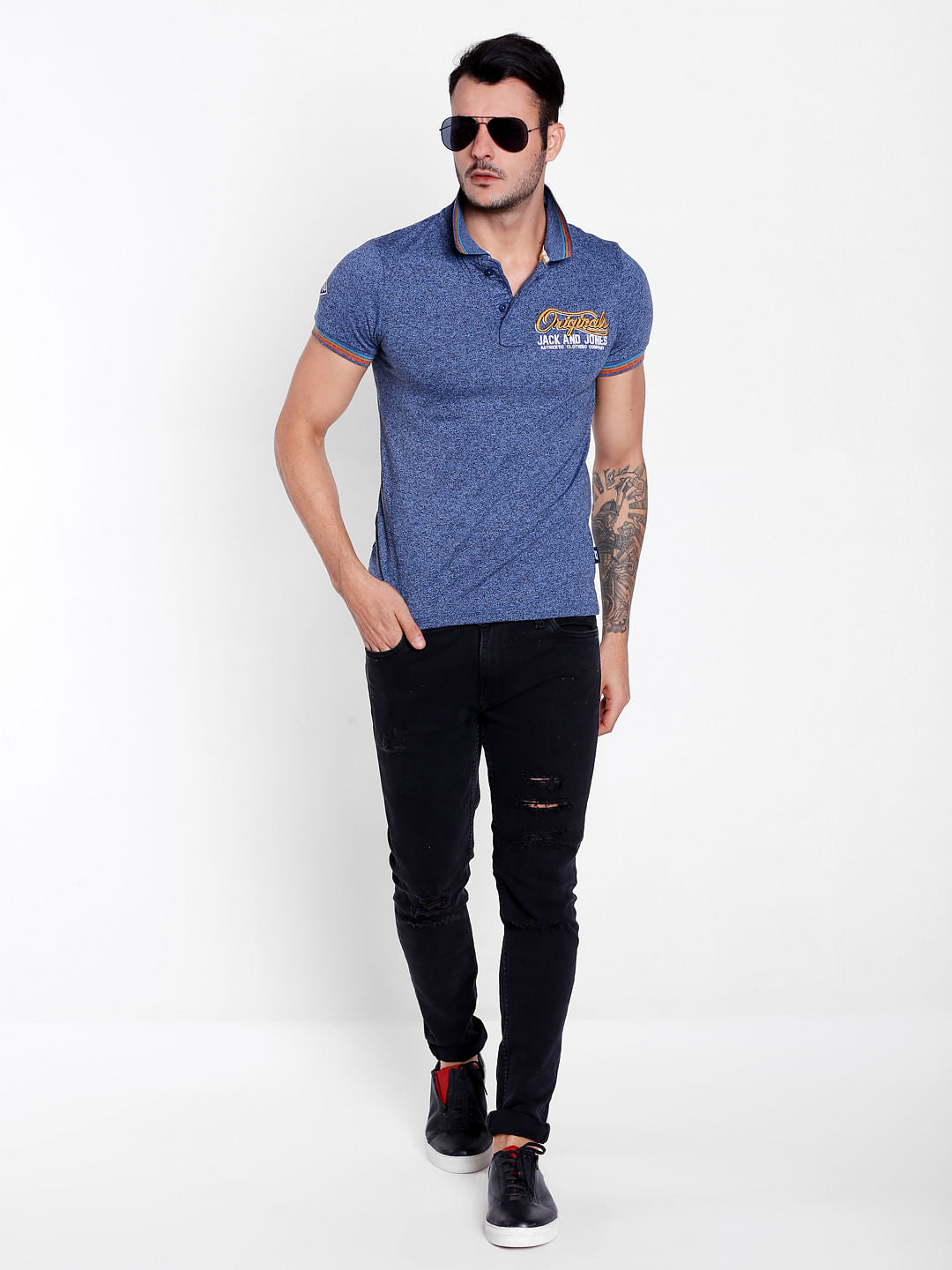Blue Logo Print Polo Neck T-shirt