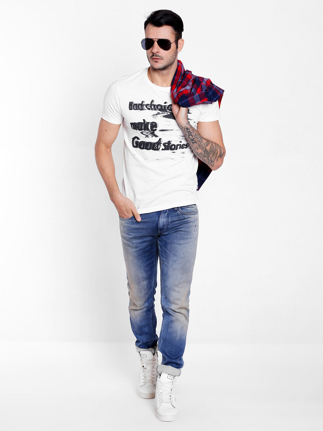 White Text Print Crew Neck T-Shirt