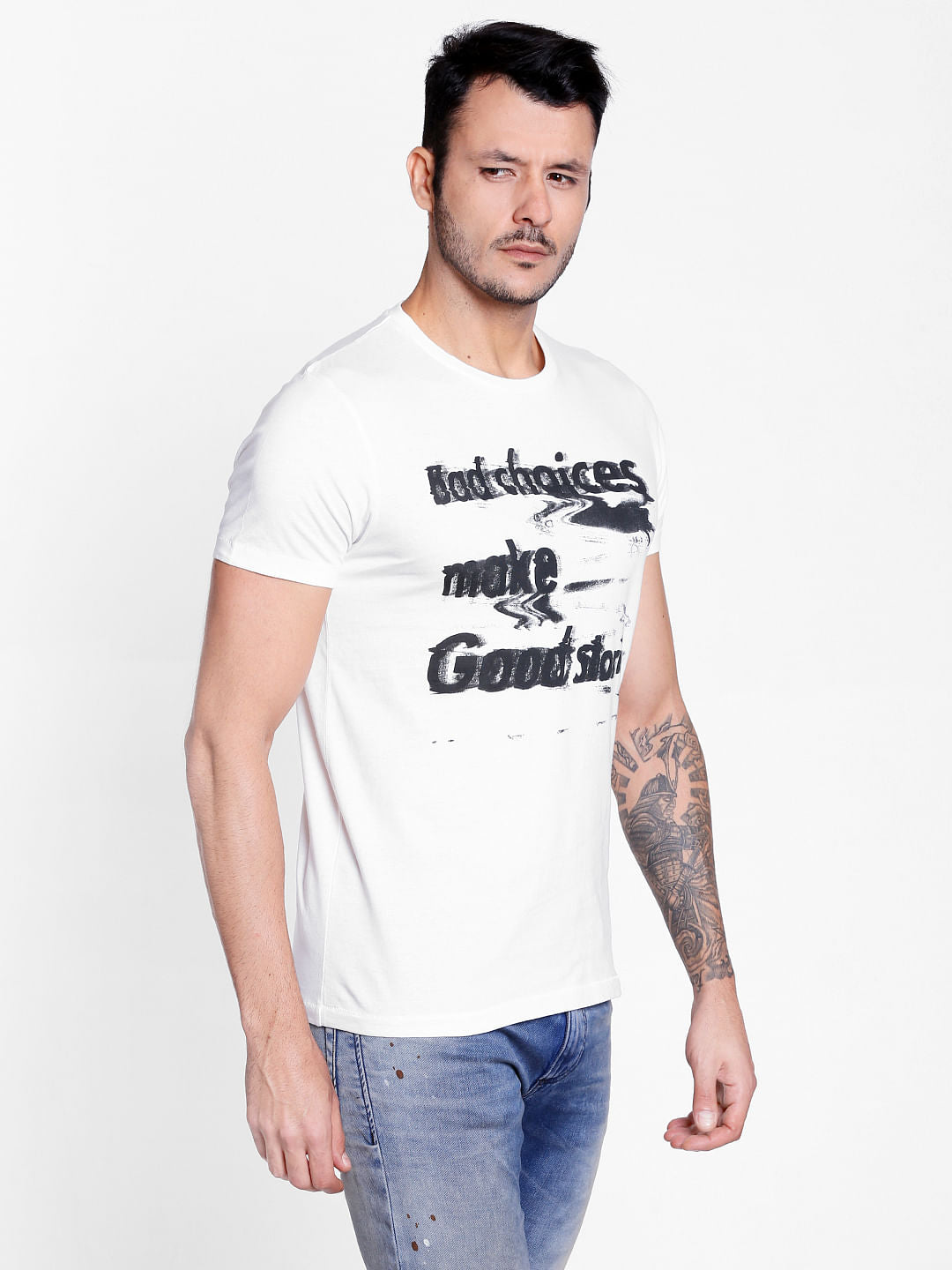 White Text Print Crew Neck T-Shirt
