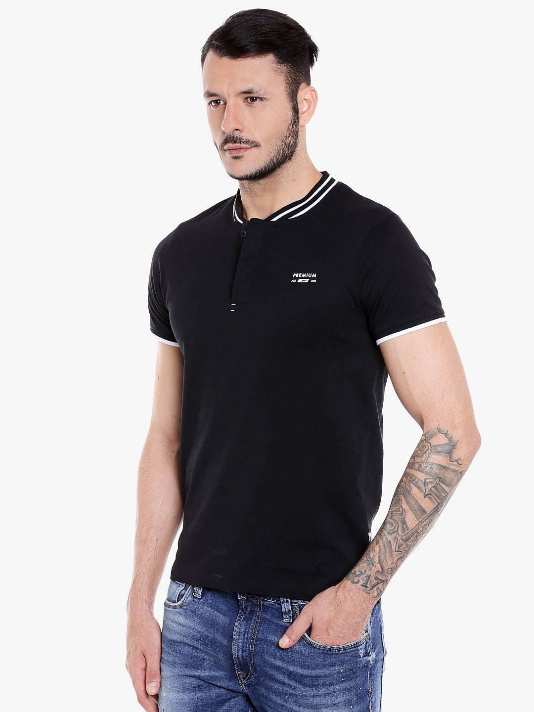 Black Contrast Tipping Polo Neck T-shirt