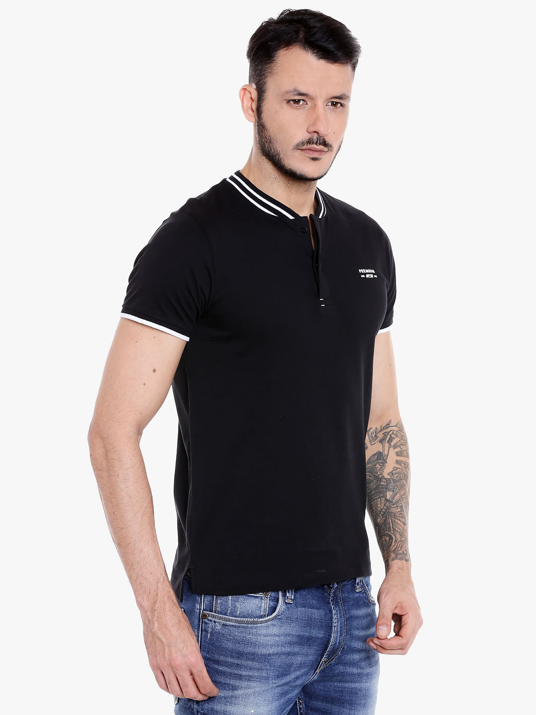 Black Contrast Tipping Polo Neck T-shirt