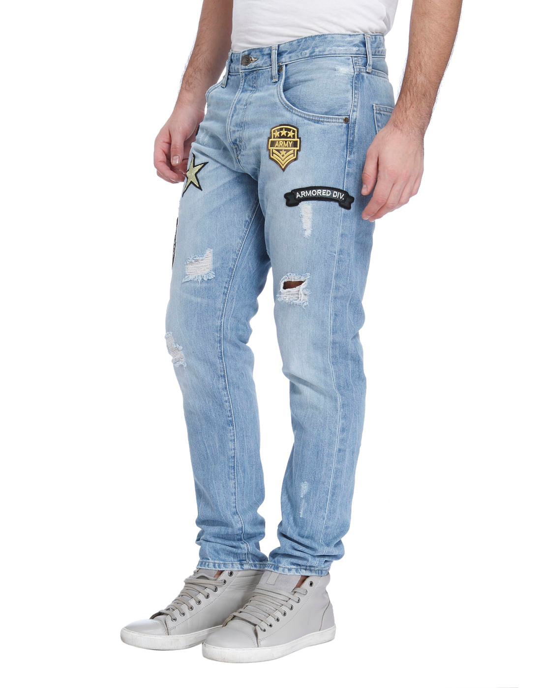 Blue Mid Rise Erik Patch Print Anti-Fit Jeans