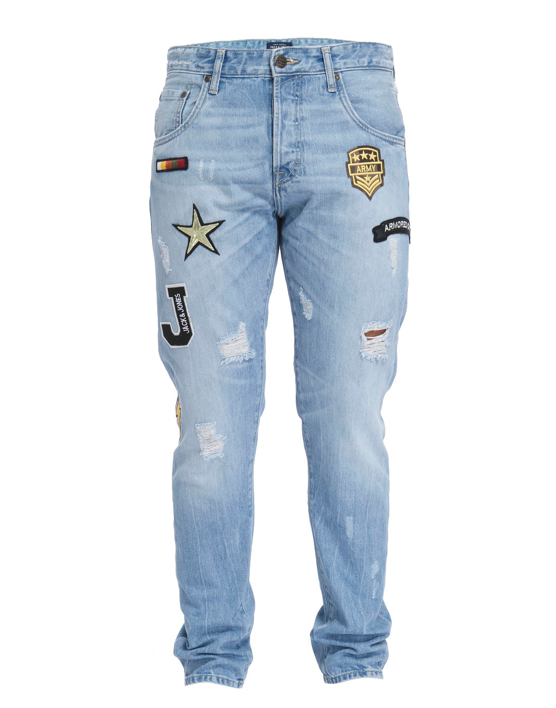 Blue Mid Rise Erik Patch Print Anti-Fit Jeans