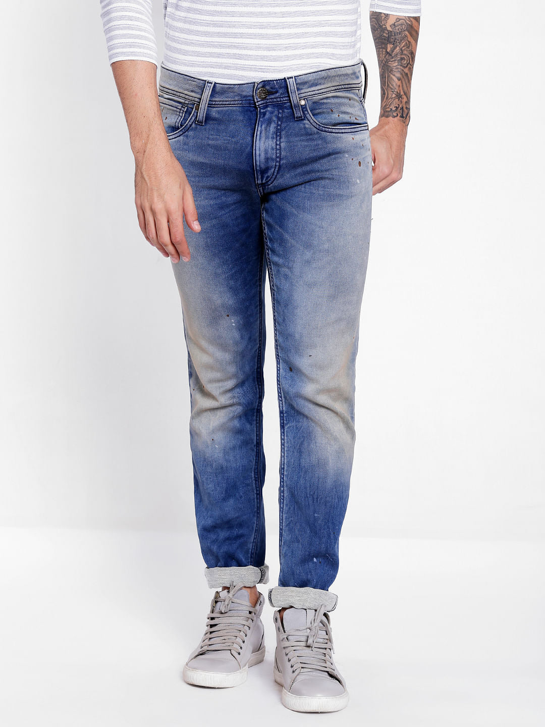 Blue Mid Rise Glenn Splash Print Slim Fit Jeans
