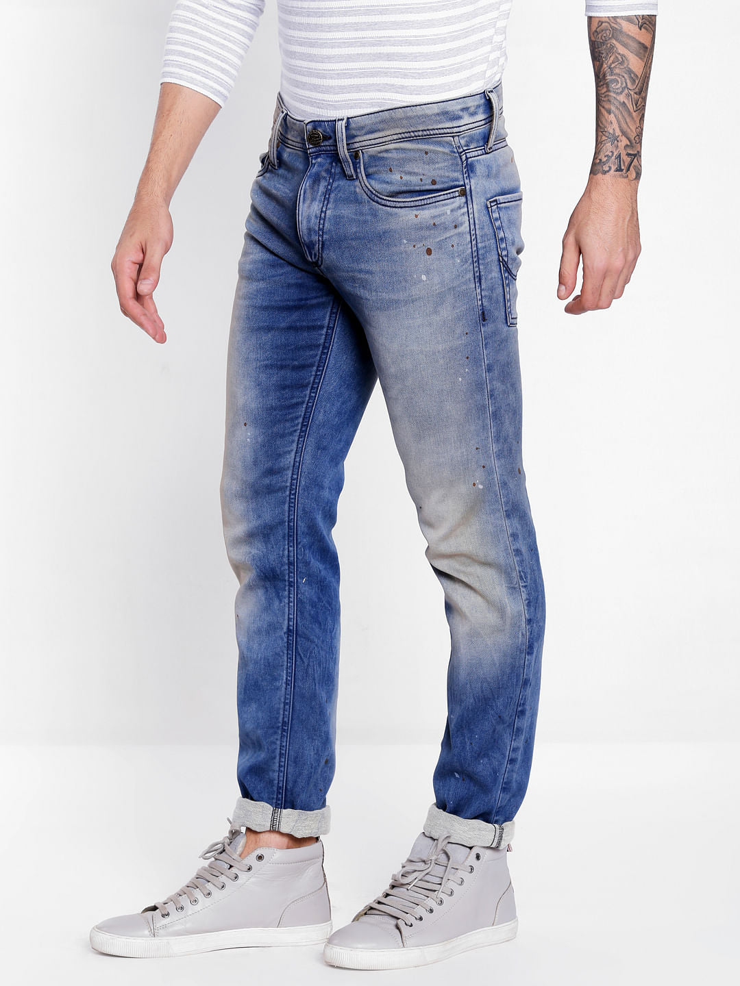 Blue Mid Rise Glenn Splash Print Slim Fit Jeans