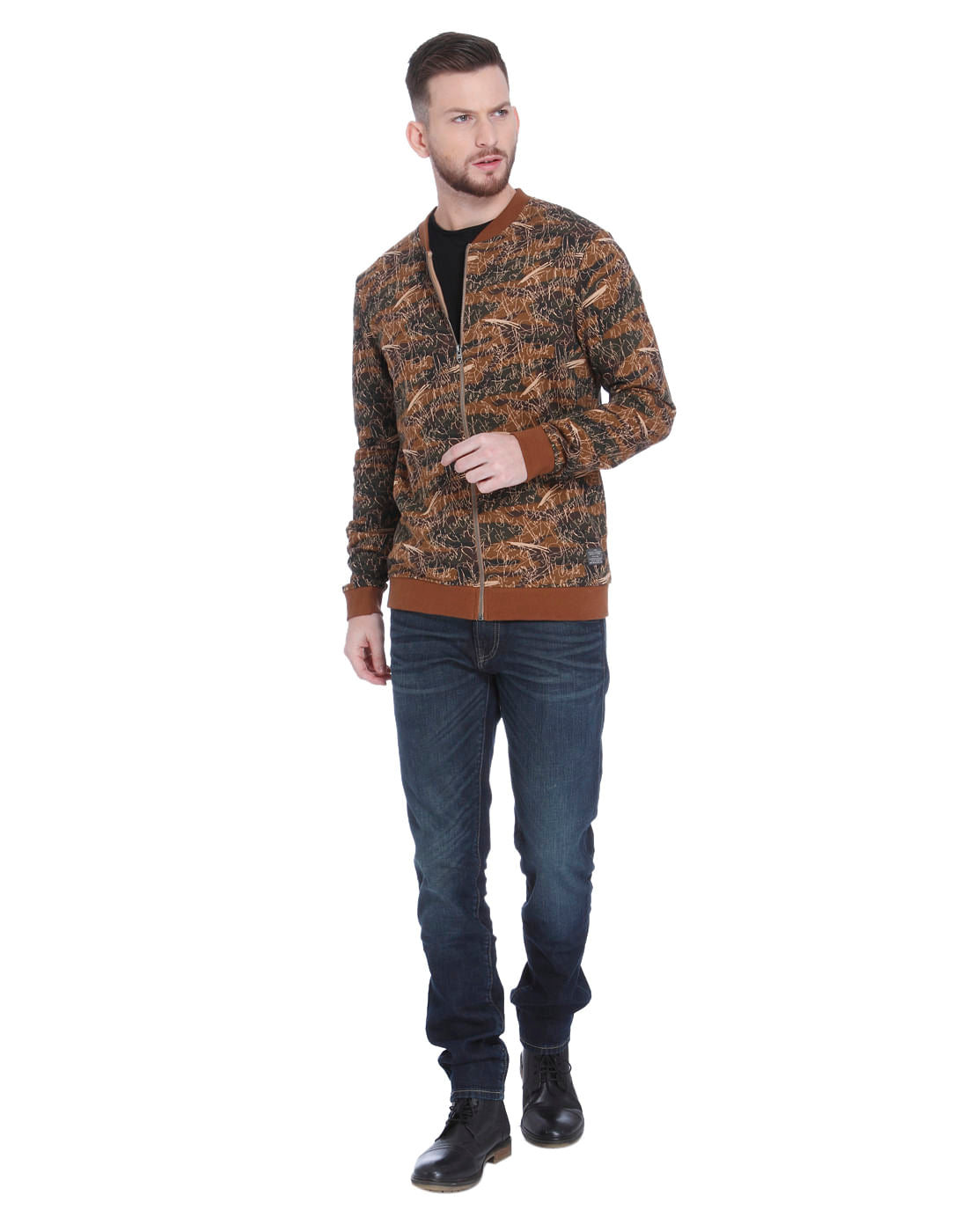 Brown Scribble Print Zip Up Sweatshirt