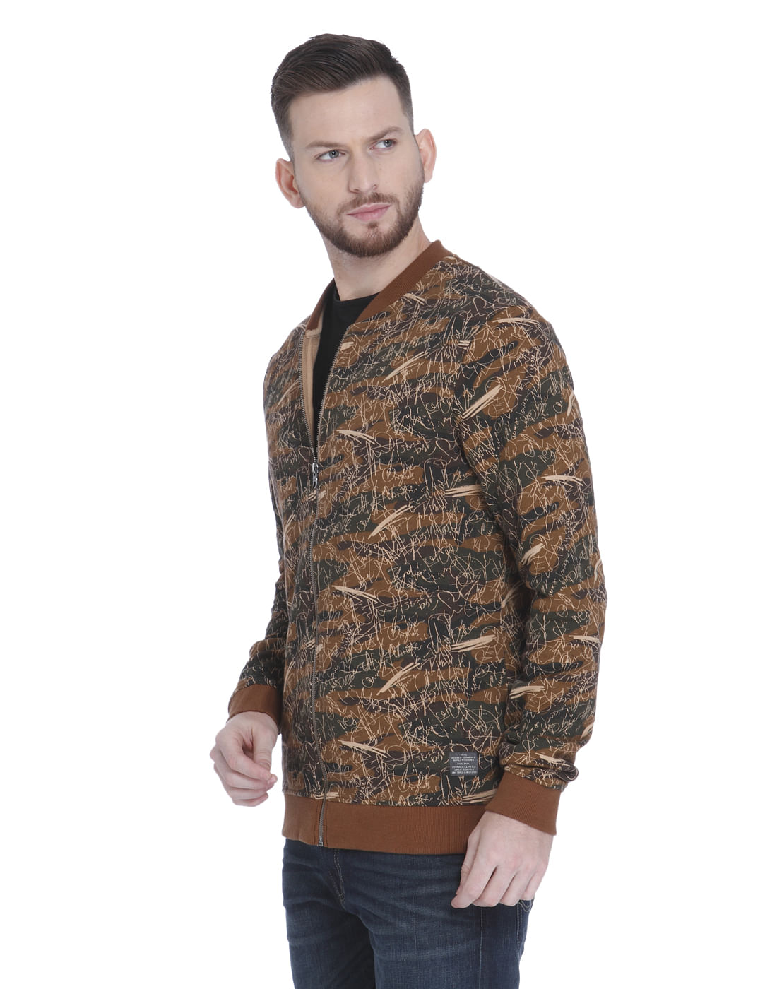 Brown Scribble Print Zip Up Sweatshirt