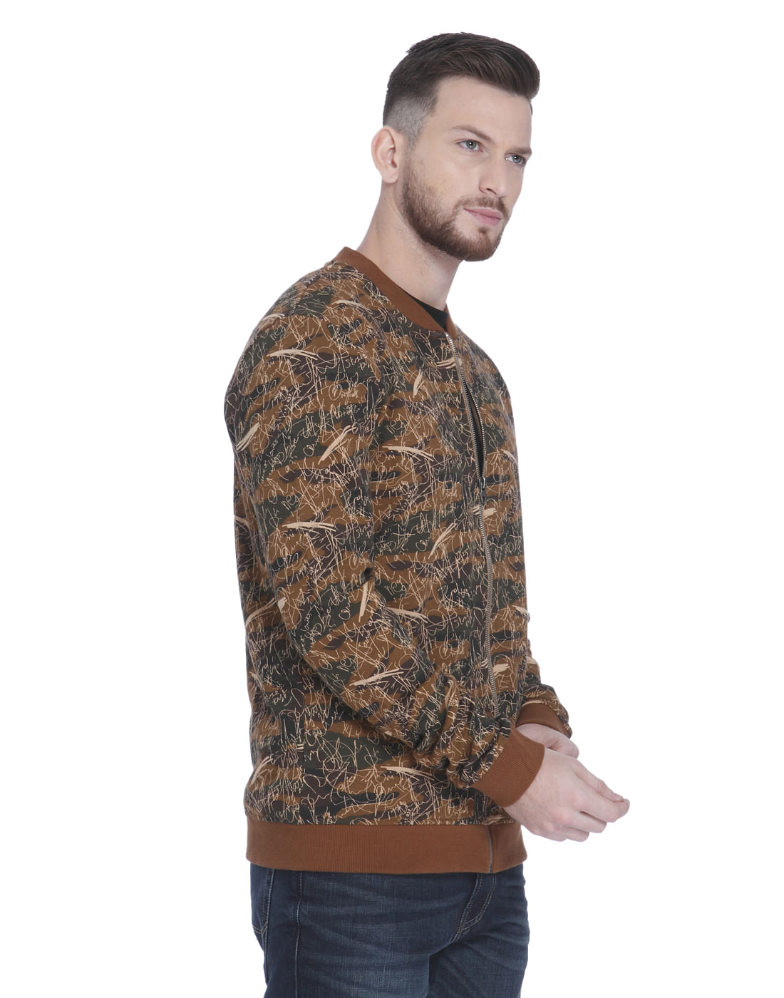 Brown Scribble Print Zip Up Sweatshirt