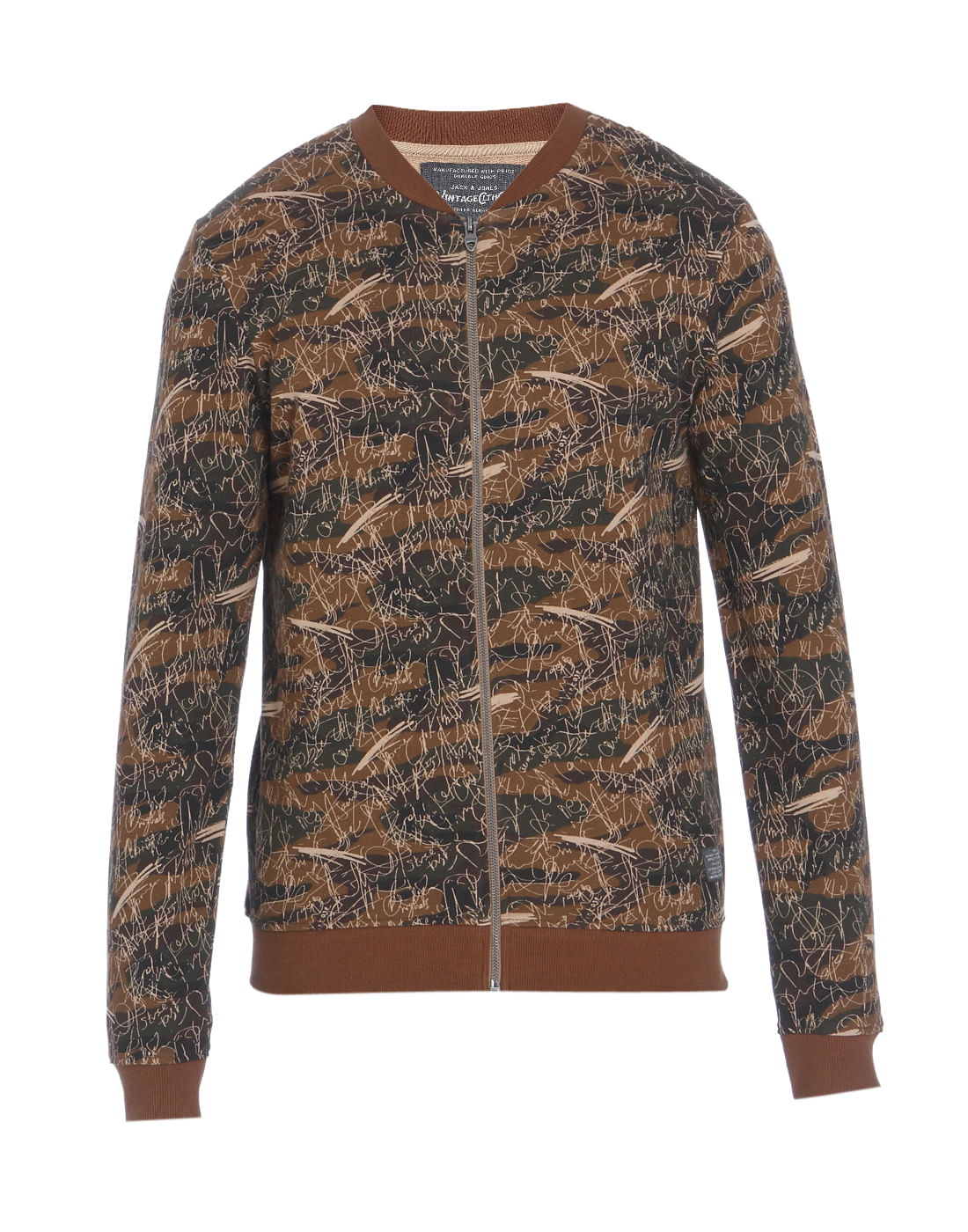 Brown Scribble Print Zip Up Sweatshirt