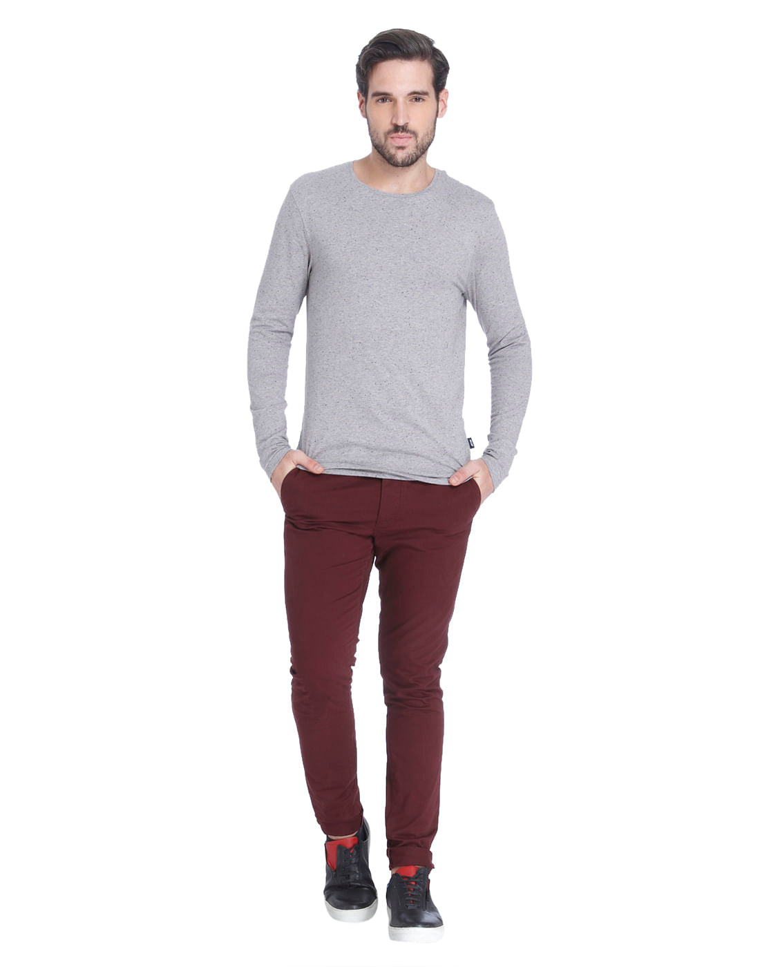 Grey Full Sleeves Crew Neck T-shirt