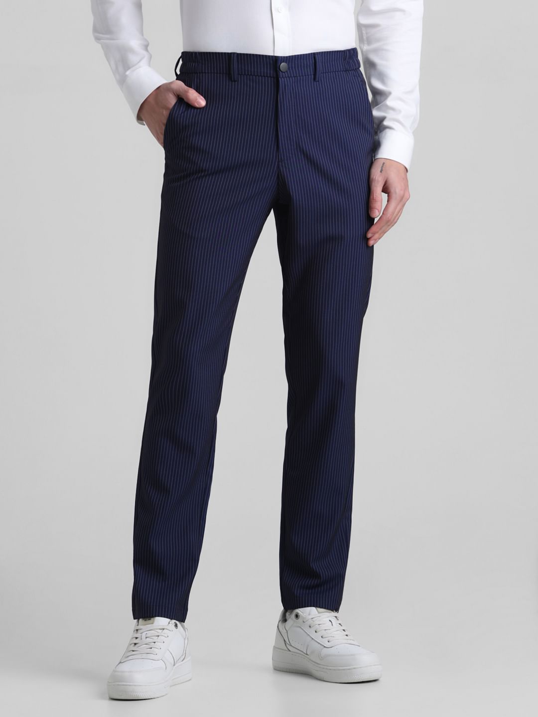 Navy Blue Mid Rise Striped Trousers