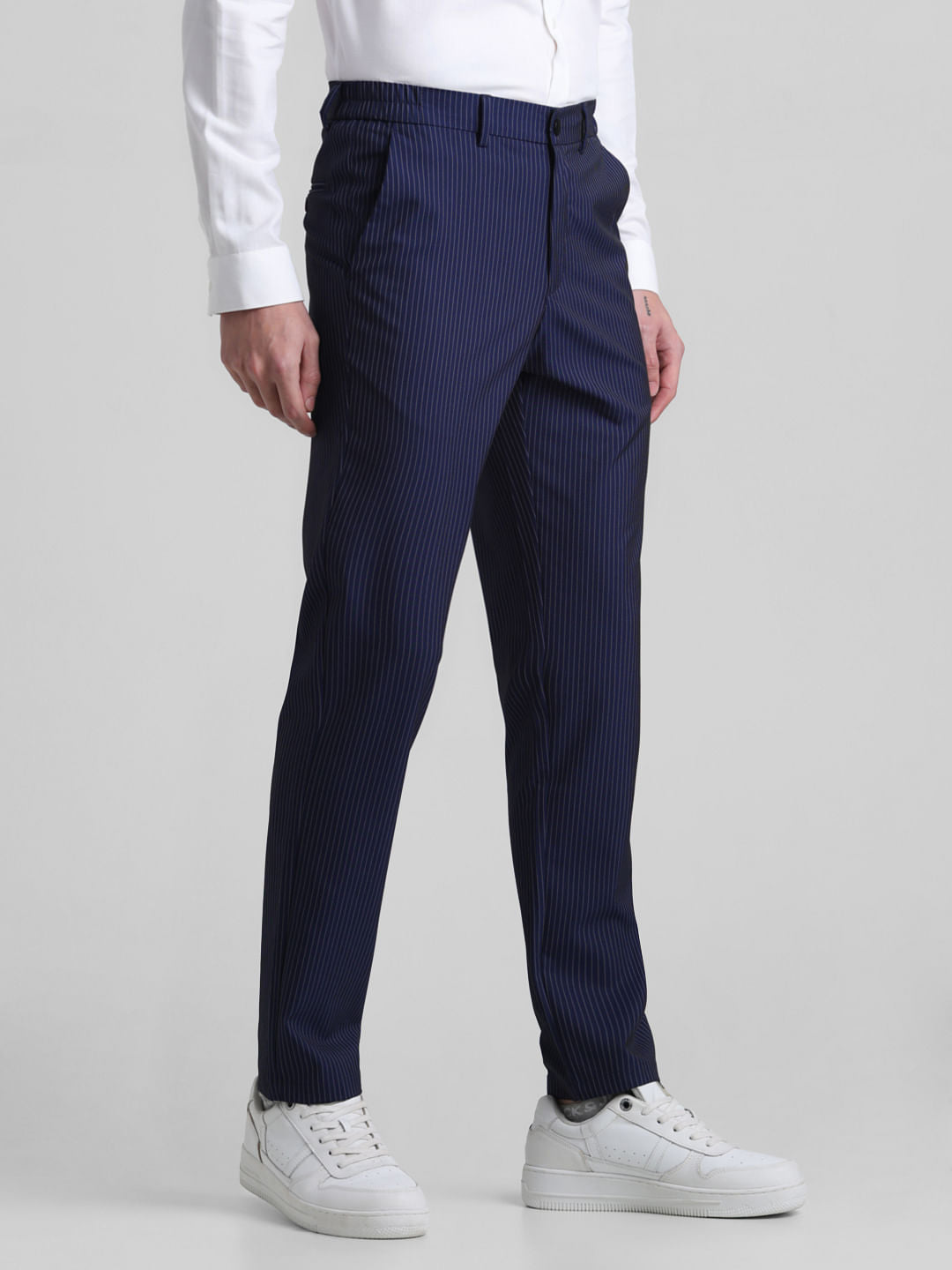 Navy Blue Mid Rise Striped Trousers
