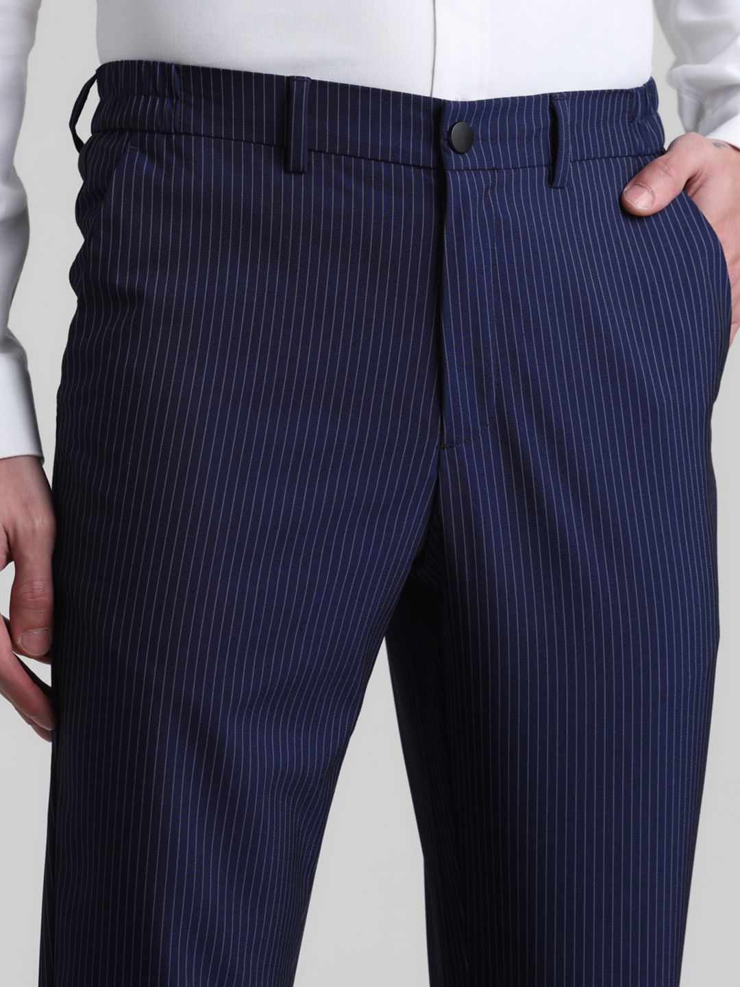 Navy Blue Mid Rise Striped Trousers