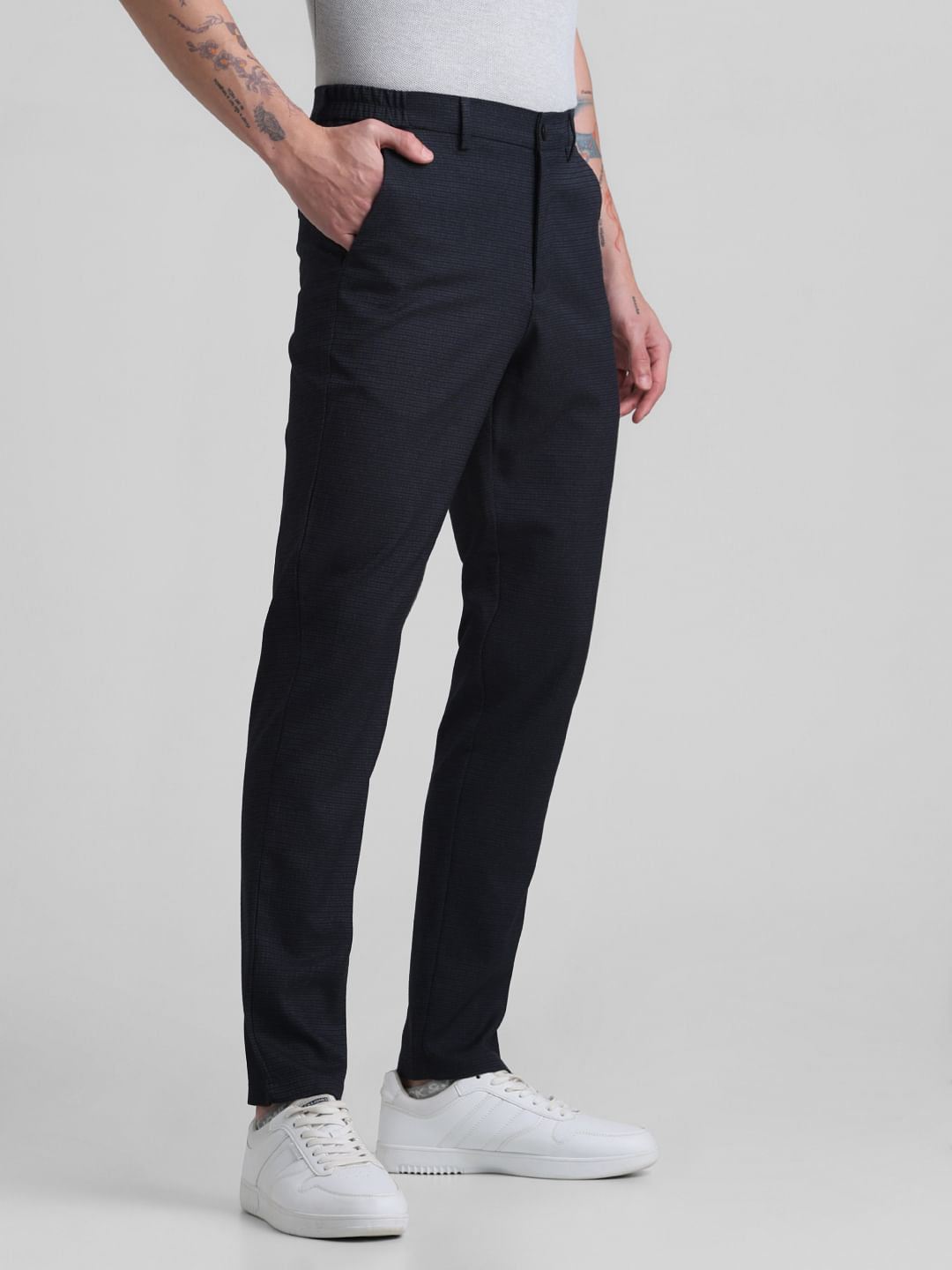 Navy Blue Mid Rise Check Trousers