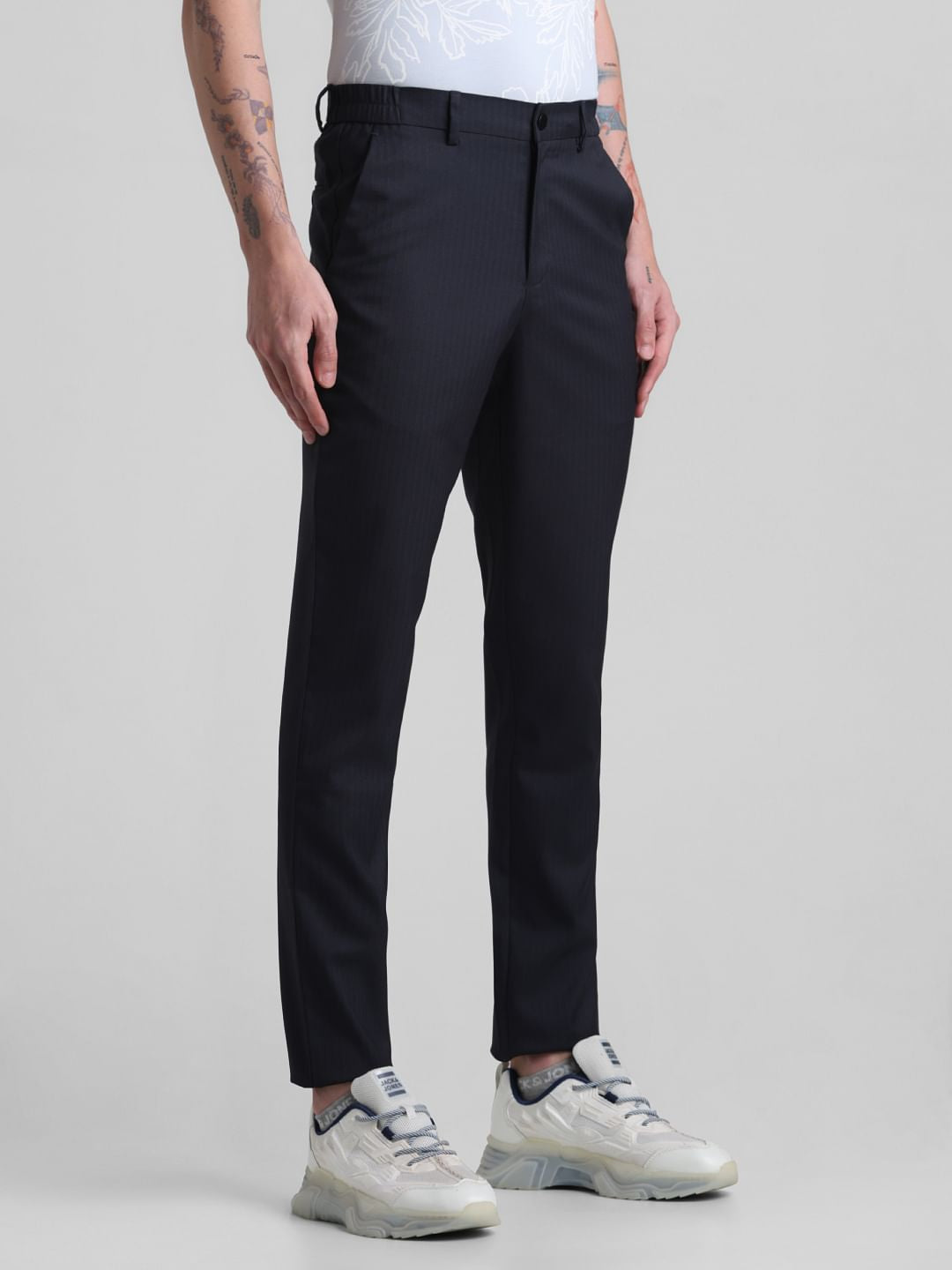 Navy Blue Mid Rise Printed Trousers