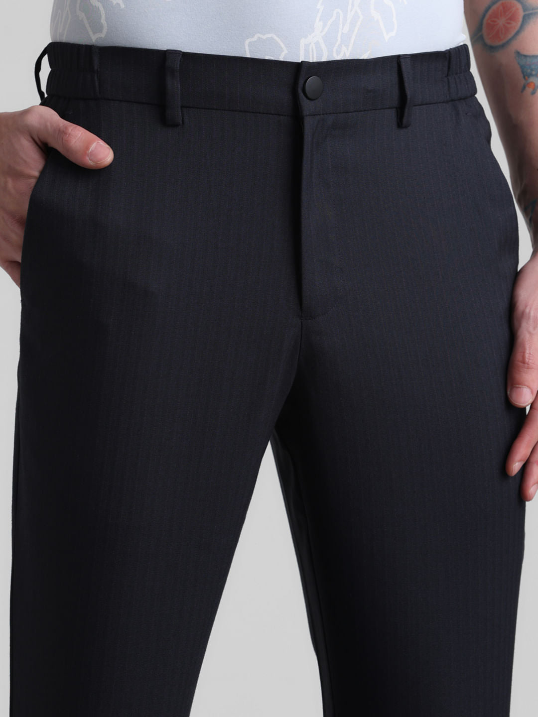 Navy Blue Mid Rise Printed Trousers