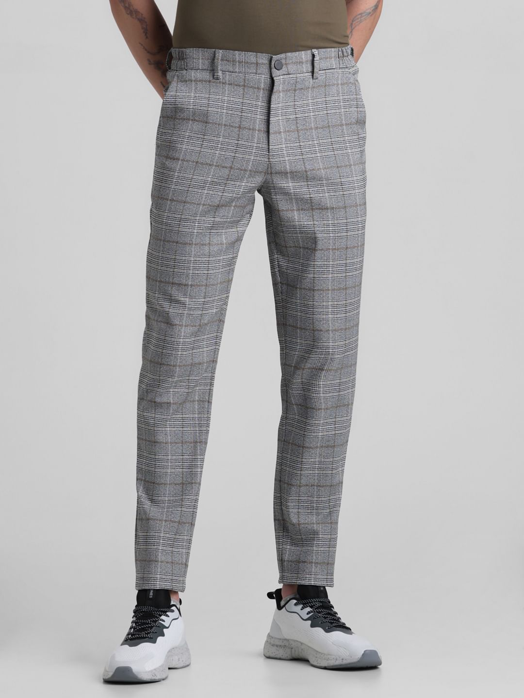 Grey Mid Rise Check Trousers