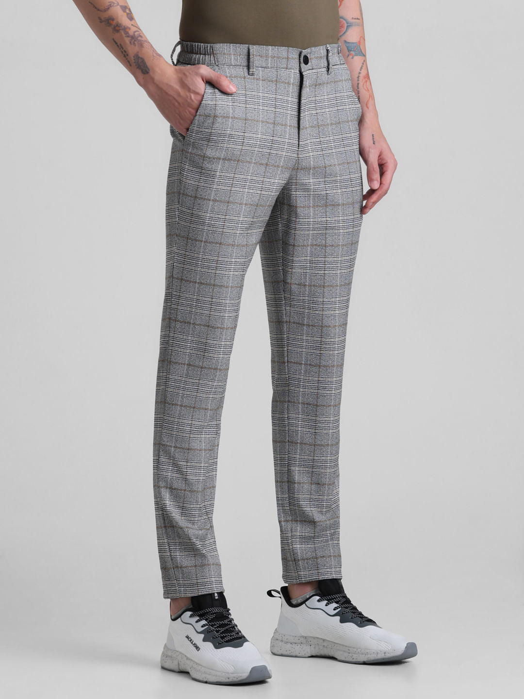 Grey Mid Rise Check Trousers