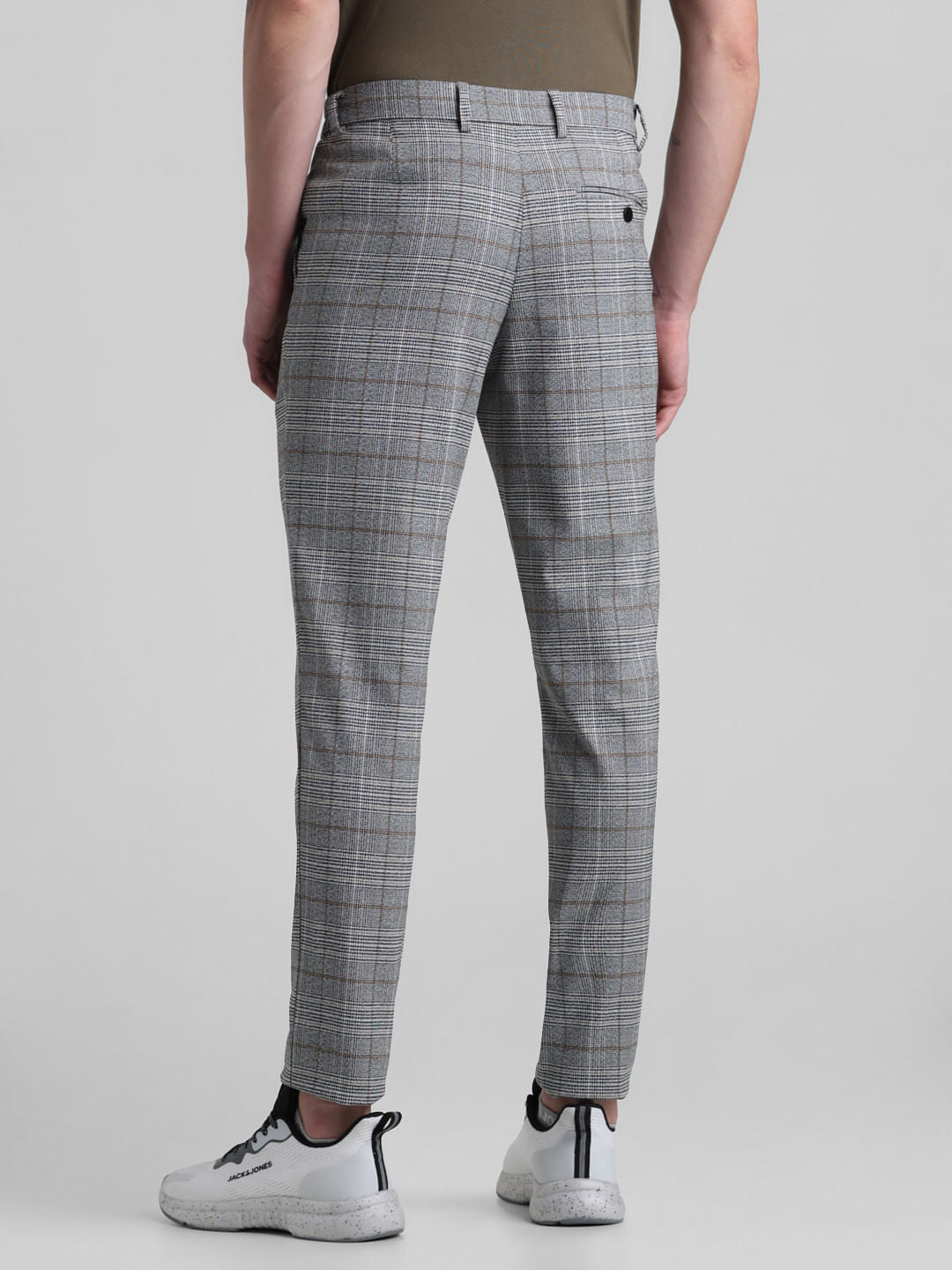 Grey Mid Rise Check Trousers