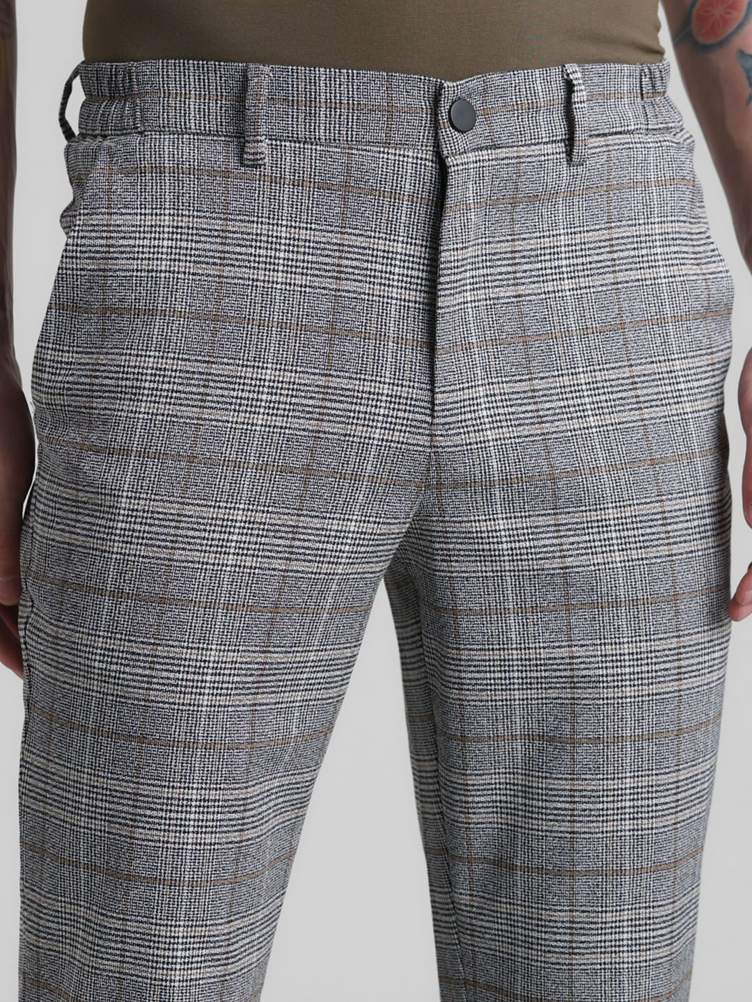 Grey Mid Rise Check Trousers