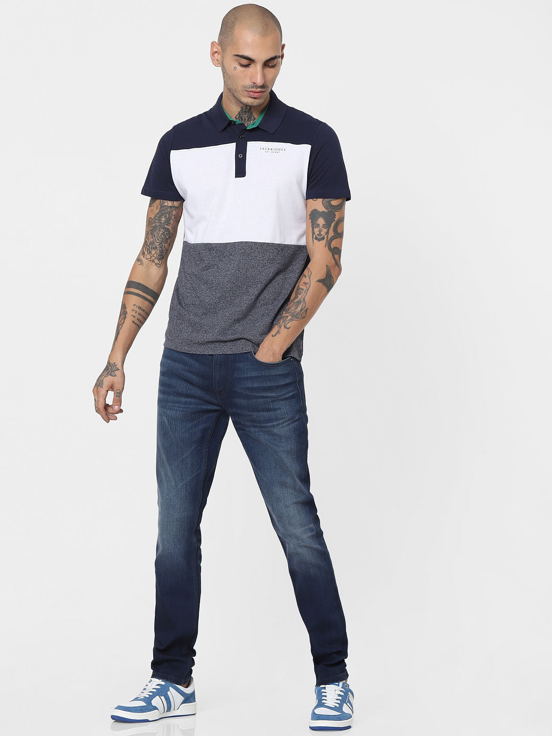 Blue Colourblocked Polo T-shirt