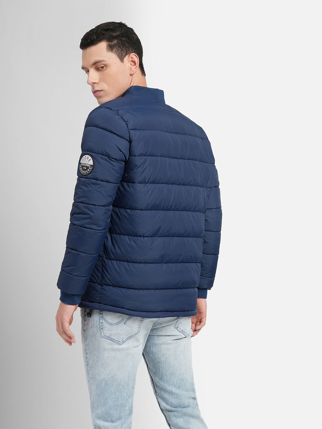 Navy Blue Quilted Bomber Jacket